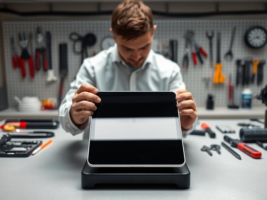 An iPad on a repair station, with a technician carefully