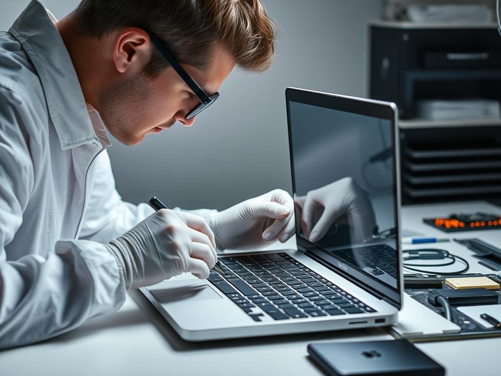 A technician focused on repairing a MacBook, with the device