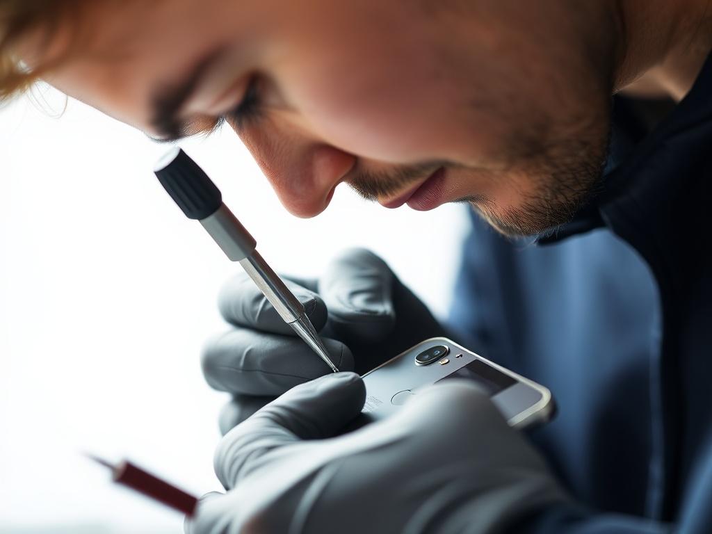 A close up of a technician repairing an iPhone, showcasing